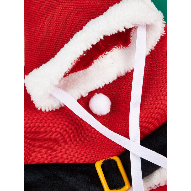 Close-up of a red Santa Claus costume with white fur trim and a yellow buckle.