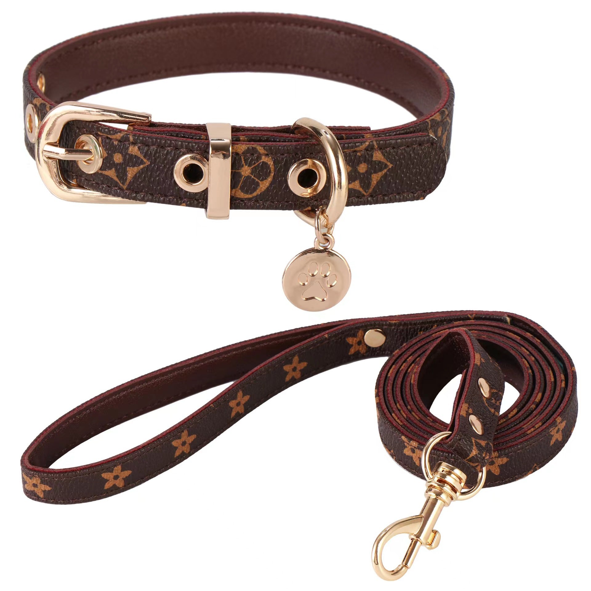 Adjustable Leather Dog Collar Leash Set